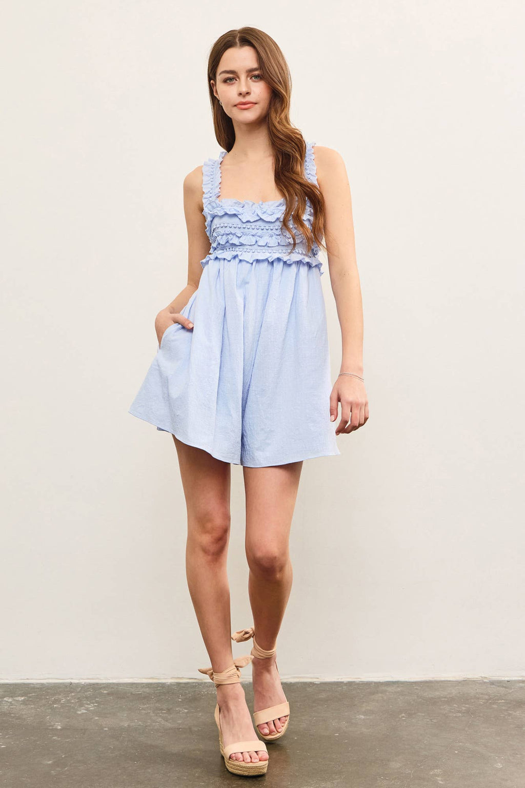 Lilly Ruffle Textured Open Back Romper