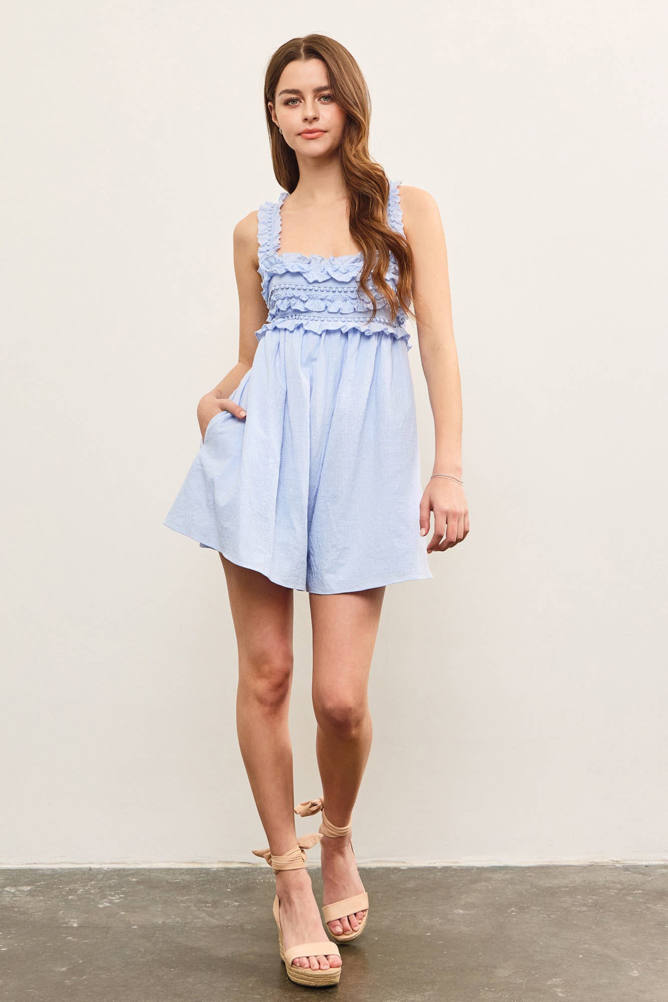 Lilly Ruffle Textured Open Back Romper