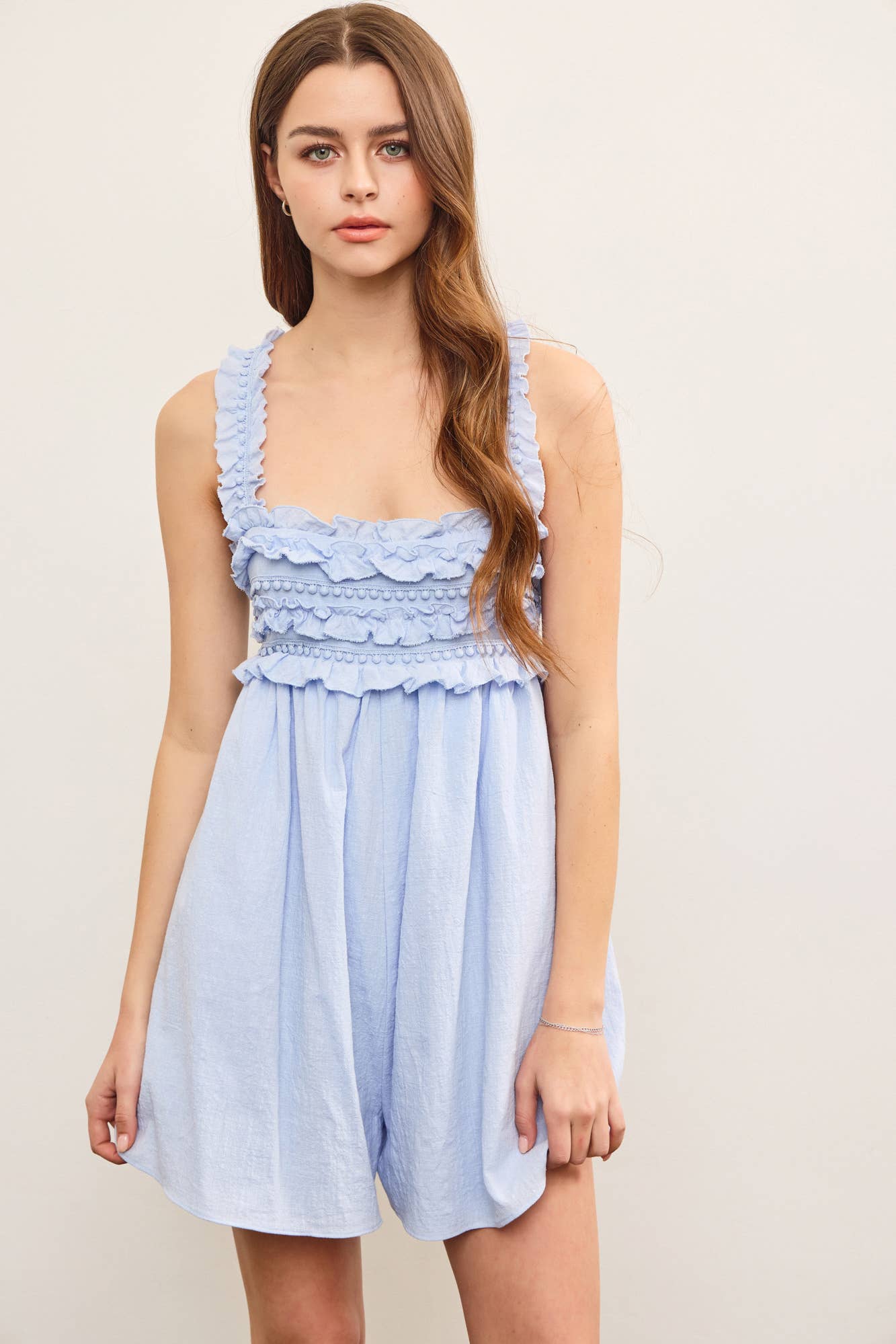 Lilly Ruffle Textured Open Back Romper